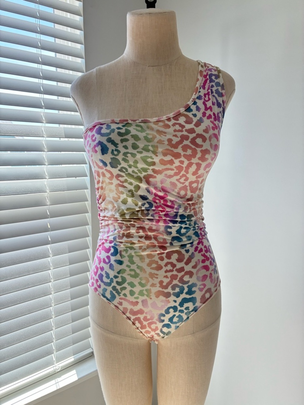 NWT Fantastic Fawn Women's Breezy Rainbow Leopard Print One Shoulder Bodysuit